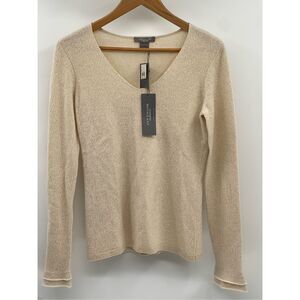 Ann Taylor Sweater Cashmere Women Small Off White Cream Gold Metallic V Neck New